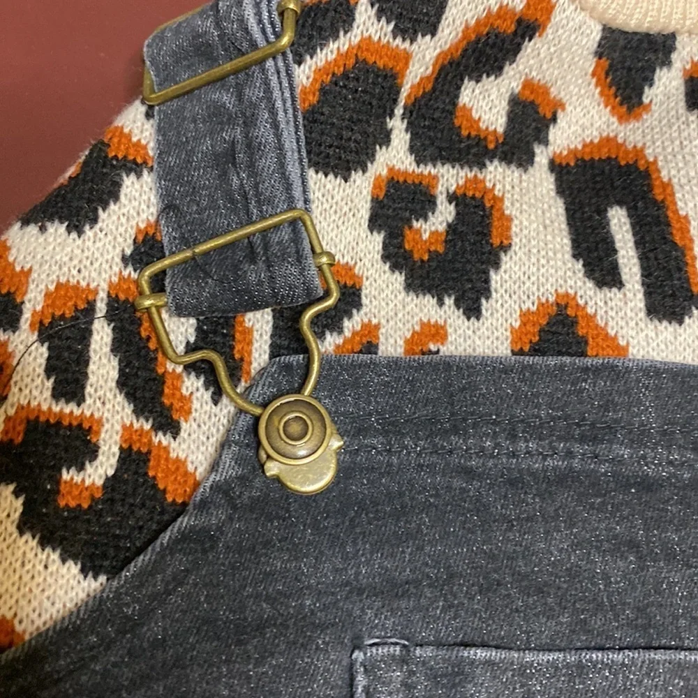 Doggy Stretch Denim Overalls with Leopard Sweater